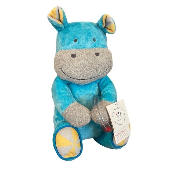 Manhattan Toy Co Blue Gray Hippo Holding Circle Rattle Plush 15" Bon Bon - Picture 1 of 9